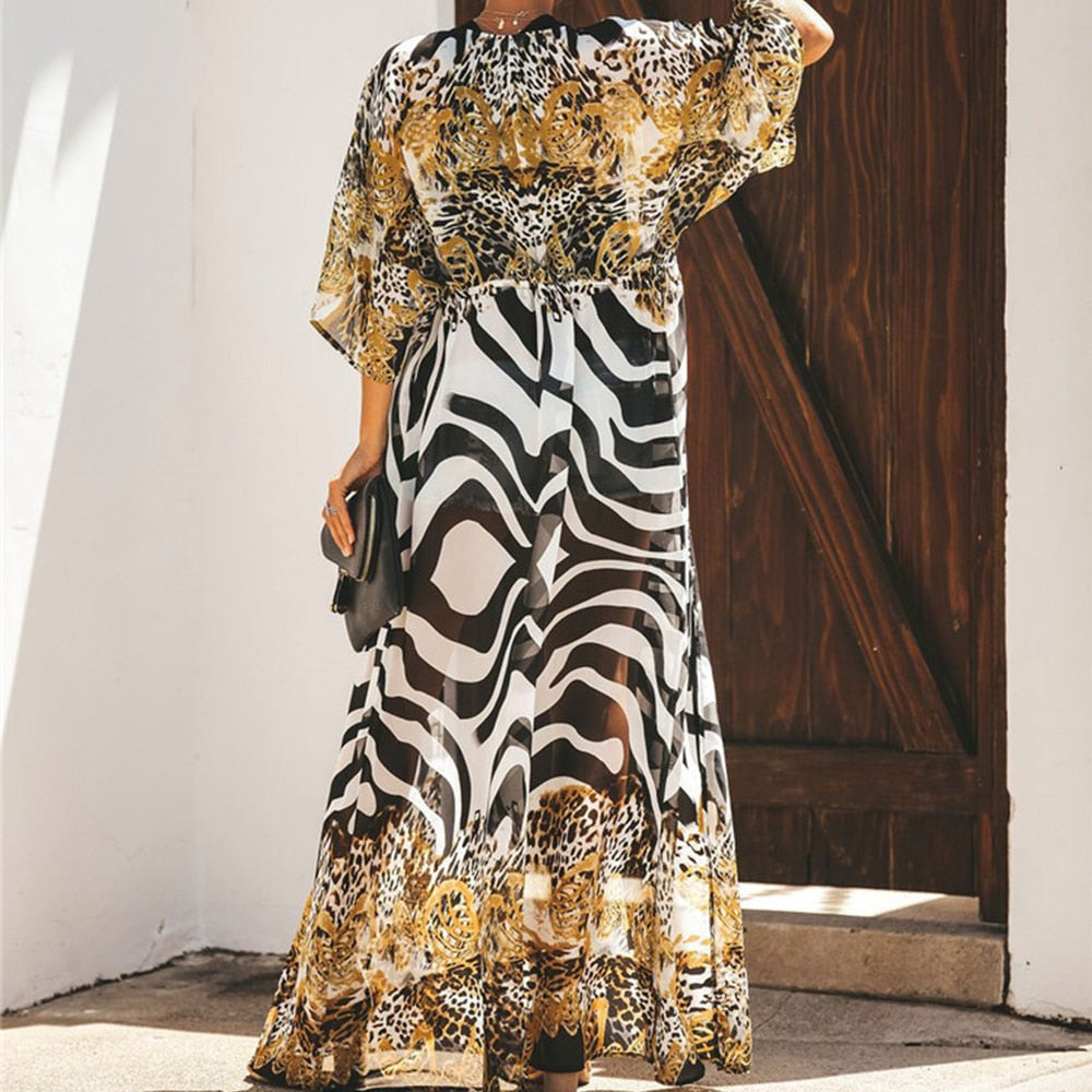 Pareo Beach Cover Up Sexy Leopard Beach Dresses Chiffon Cardigan Dress Robe Summer Cover Ups Dress