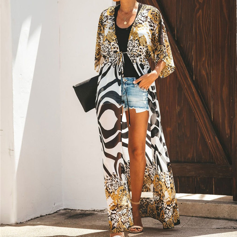 Pareo Beach Cover Up Sexy Leopard Beach Dresses Chiffon Cardigan Dress Robe Summer Cover Ups Dress