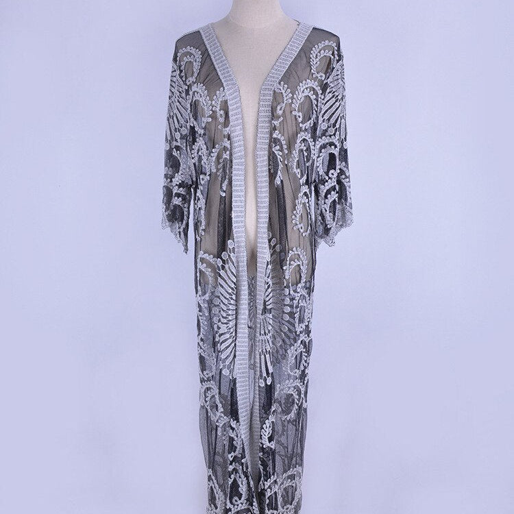 Pareo Beach Cover Up Women Crochet Maxi Lace Derss Sexy Perspective Bikini Swimsuit Floral Cardigan Loose Beachwear