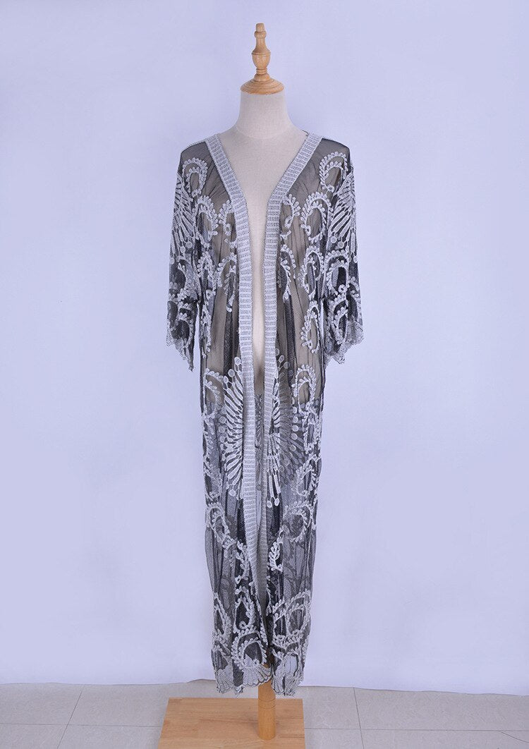 Pareo Beach Cover Up Women Crochet Maxi Lace Derss Sexy Perspective Bikini Swimsuit Floral Cardigan Loose Beachwear