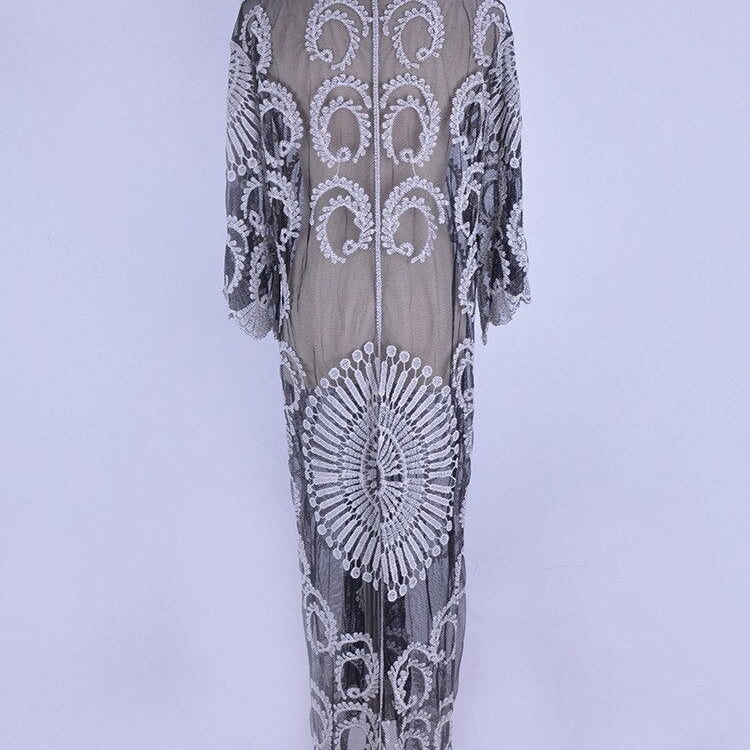 Pareo Beach Cover Up Women Crochet Maxi Lace Derss Sexy Perspective Bikini Swimsuit Floral Cardigan Loose Beachwear