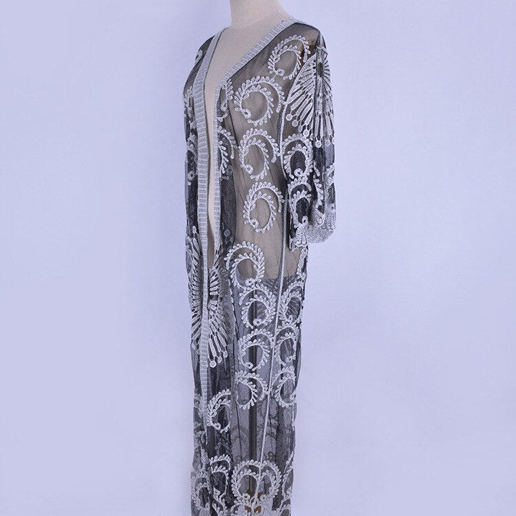 Pareo Beach Cover Up Women Crochet Maxi Lace Derss Sexy Perspective Bikini Swimsuit Floral Cardigan Loose Beachwear