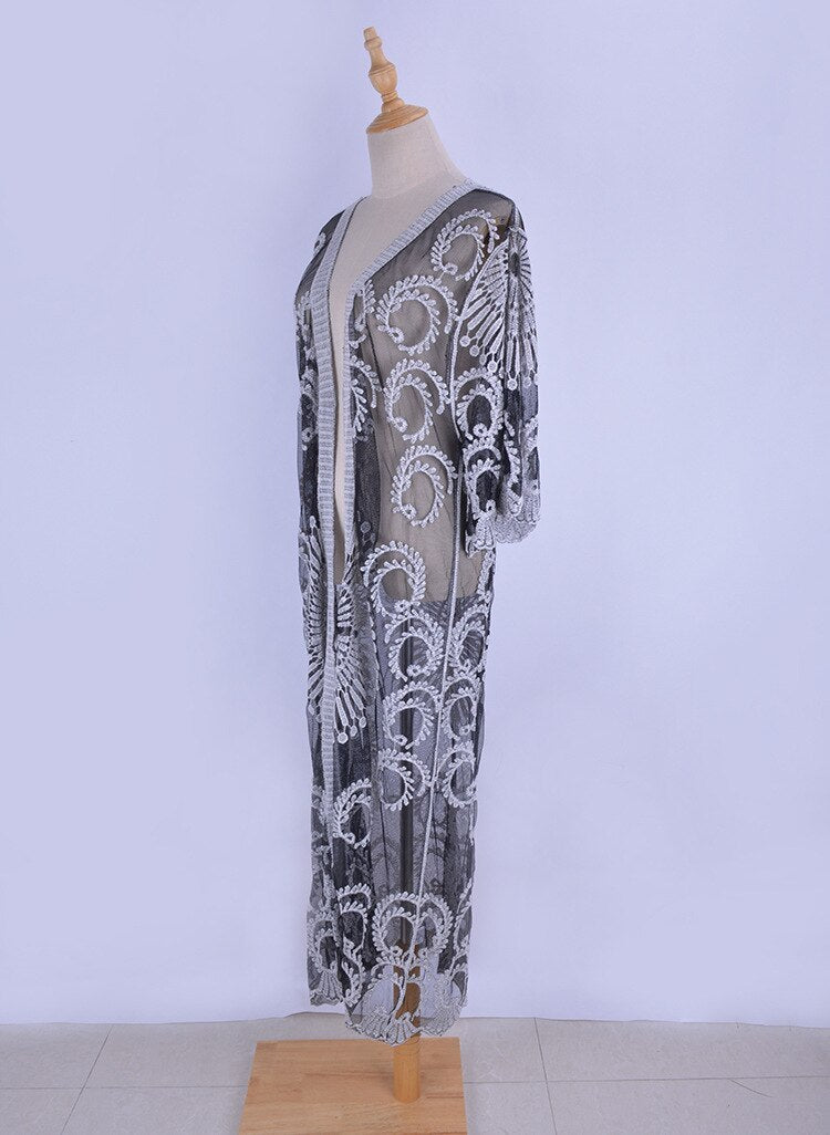 Pareo Beach Cover Up Women Crochet Maxi Lace Derss Sexy Perspective Bikini Swimsuit Floral Cardigan Loose Beachwear