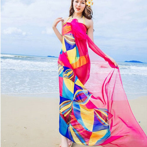Pareo Scarf Women Beach Sarongs Beach Cover Up Summer Chiffon Scarves Geometrical red One Size