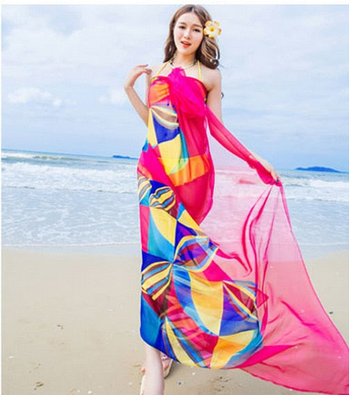 Pareo Scarf Women Beach Sarongs Beach Cover Up Summer Chiffon Scarves Geometrical red One Size