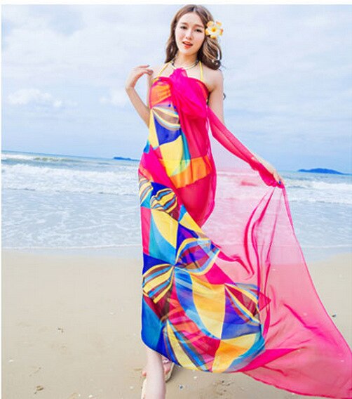 Pareo Scarf Women Beach Sarongs Beach Cover Up Summer Chiffon Scarves Geometrical Design Plus Size Towel Ladies Summer Beachwear Red One Size