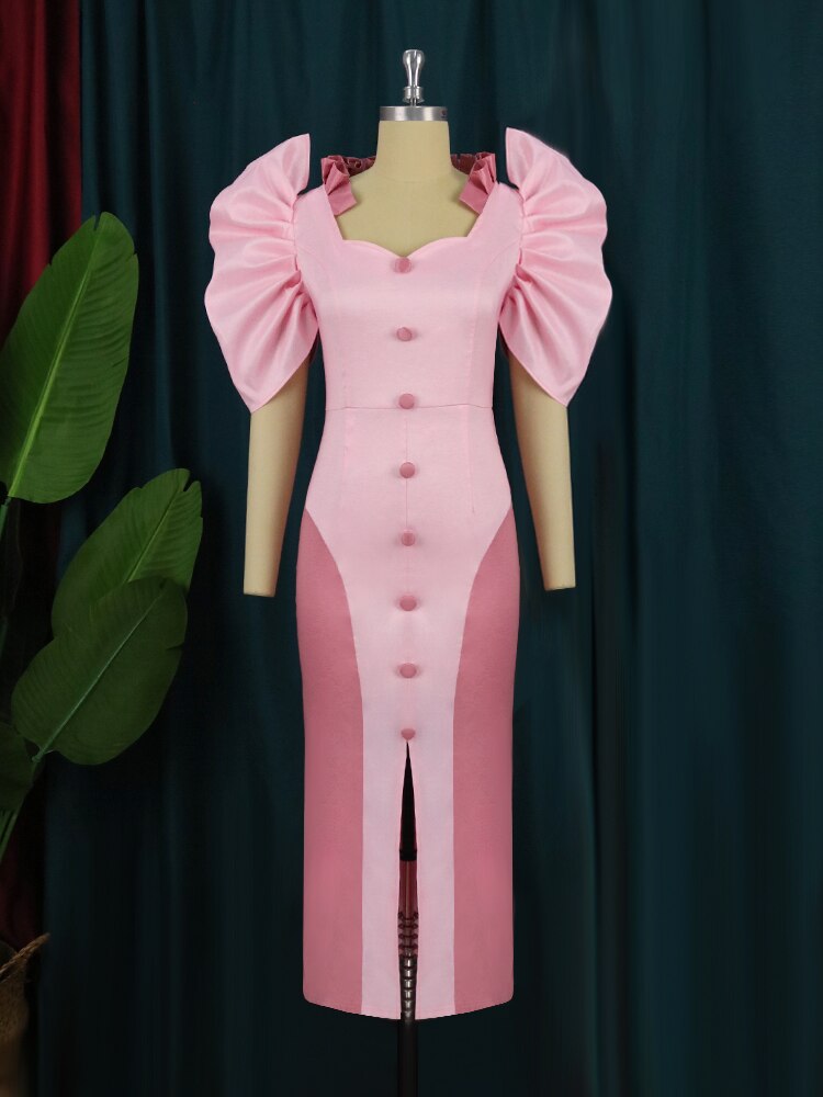 Party Sexy Pink Dresses Women High Slit Short Puff Sleeve Button Robes Celebrate Homecoming Event Outfits Summer Vestidos