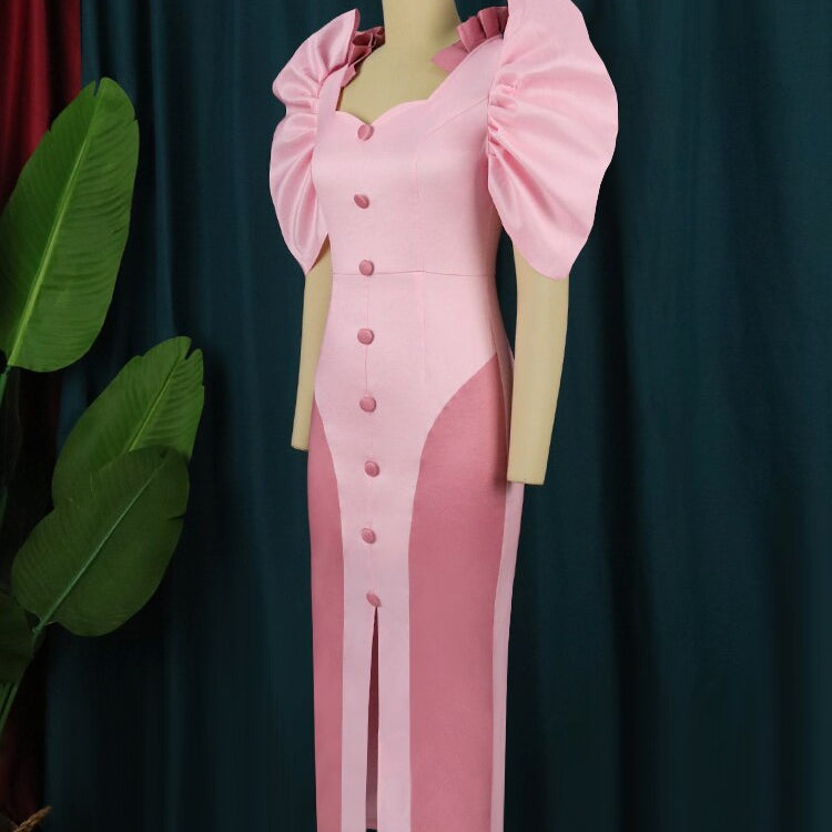 Party Sexy Pink Dresses Women High Slit Short Puff Sleeve Button Robes Celebrate Homecoming Event Outfits Summer Vestidos