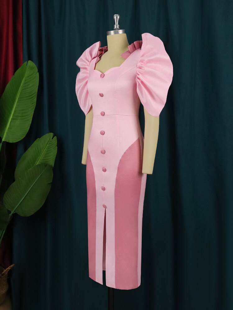 Party Sexy Pink Dresses Women High Slit Short Puff Sleeve Button Robes Celebrate Homecoming Event Outfits Summer Vestidos