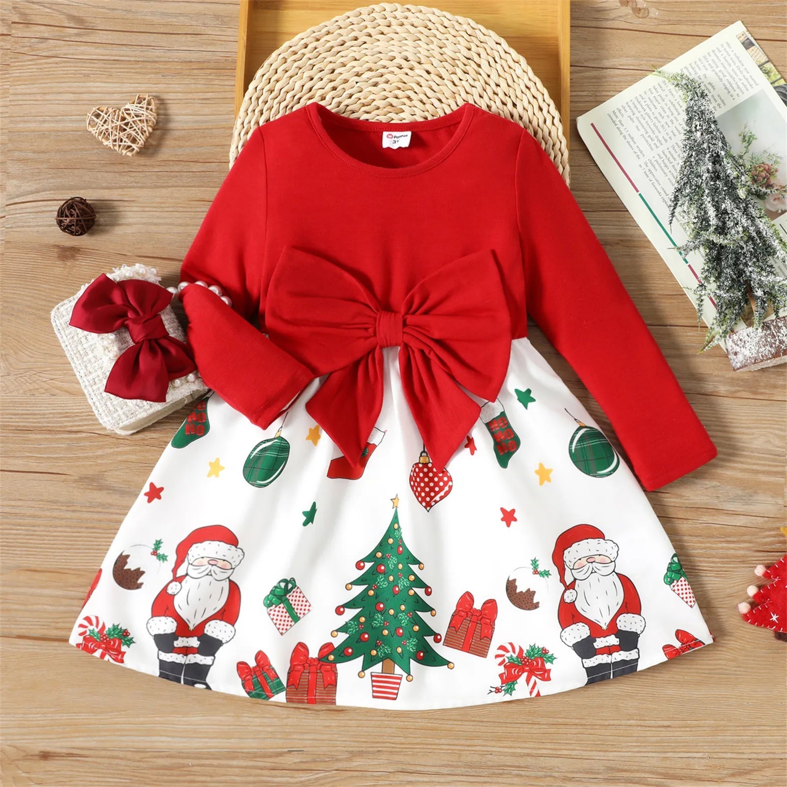 PatPat Christmas Dress for Girls Santa Claus Graphic Bowknot Design Splice Long-sleeve Toddler Girl Dresses REDWHITE