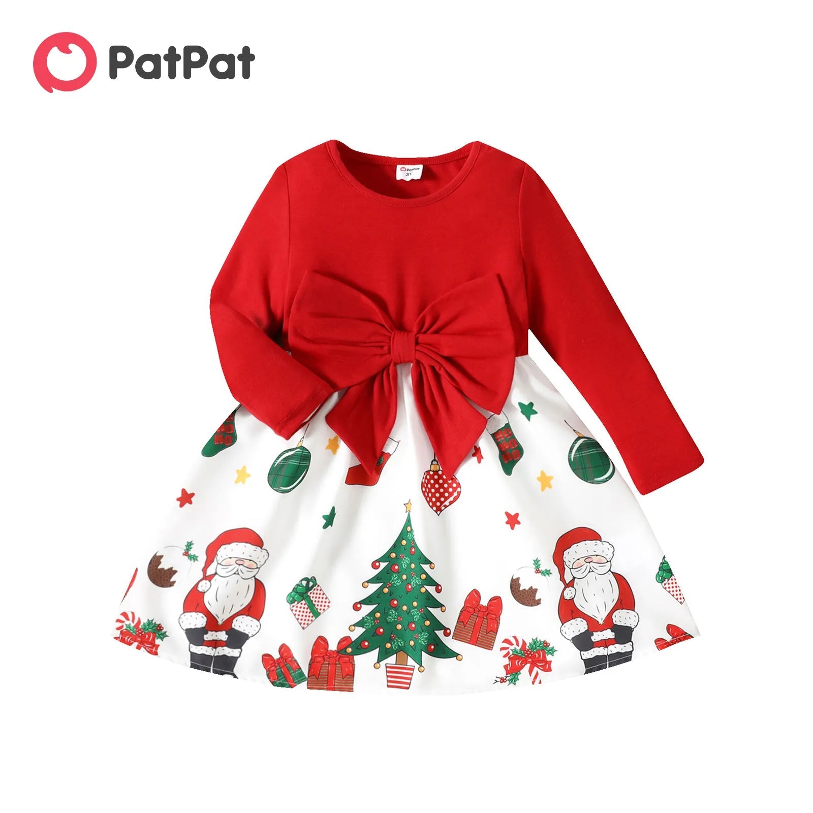 PatPat Christmas Dress for Girls Santa Claus Graphic Bowknot Design Splice Long-sleeve Toddler Girl Dresses AMAIO