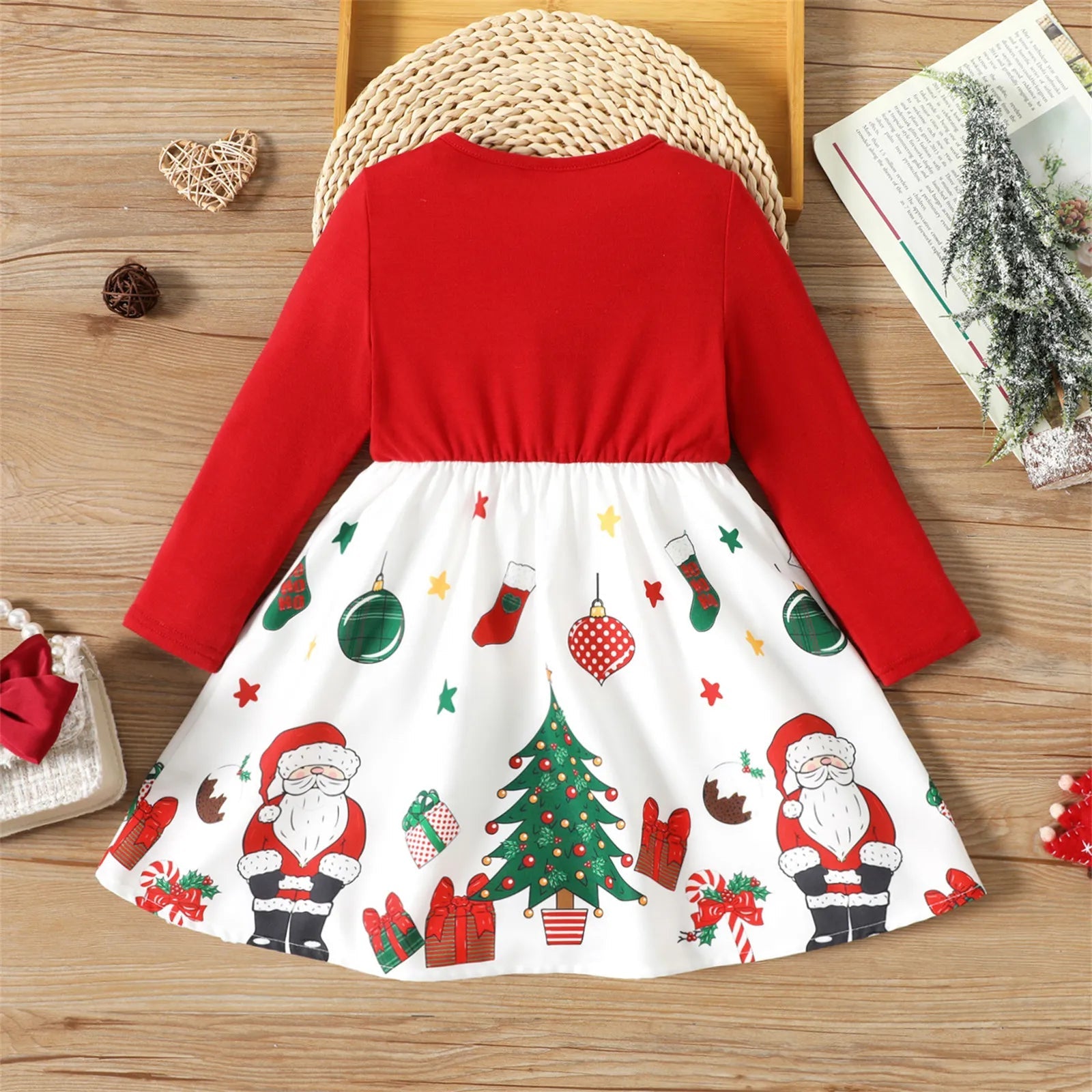 PatPat Christmas Dress for Girls Santa Claus Graphic Bowknot Design Splice Long-sleeve Toddler Girl Dresses