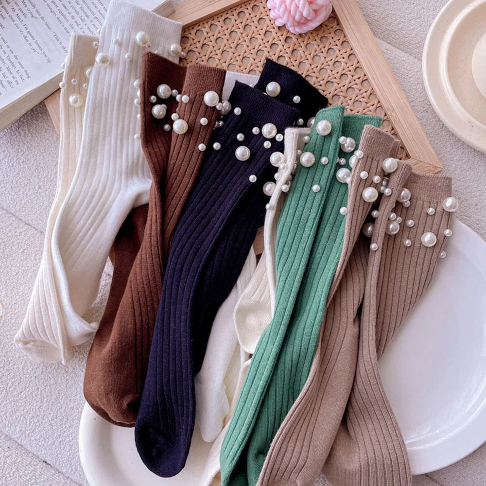 Pearl Cotton Socks Women Solid Short Socks Foot Socks Hosiery Mid-tube Socks Casual Simple Fashion Pearl Decoration