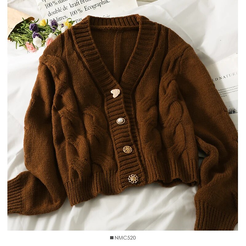 Pearl Diary Women Autumn Winter Sweater Cardigans Novelty Metal Buttons Casual French Style Braid Pattern Warm Cardigans coffee One Size