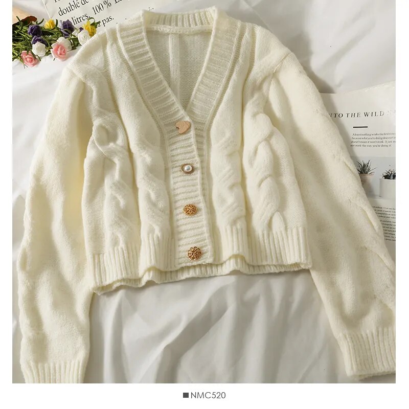 Pearl Diary Women Autumn Winter Sweater Cardigans Novelty Metal Buttons Casual French Style Braid Pattern Warm Cardigans apricot One Size