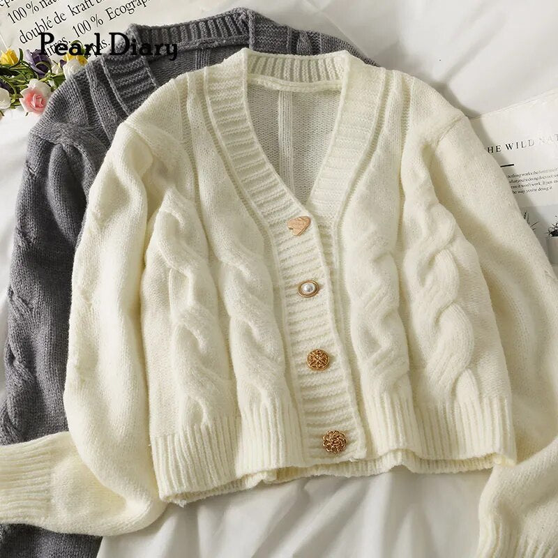 Pearl Diary Women Autumn Winter Sweater Cardigans Novelty Metal Buttons Casual French Style Braid Pattern Warm Cardigans