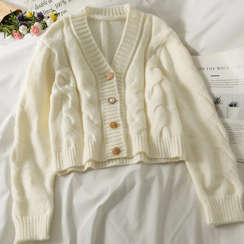Pearl Diary Women Autumn Winter Sweater Cardigans Novelty Metal Buttons Casual French Style Braid Pattern Warm Cardigans