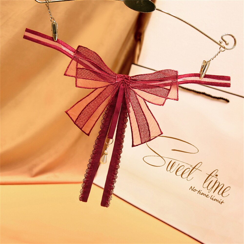 Pearl Pendant Sexy Crotchless Panties Wine Red