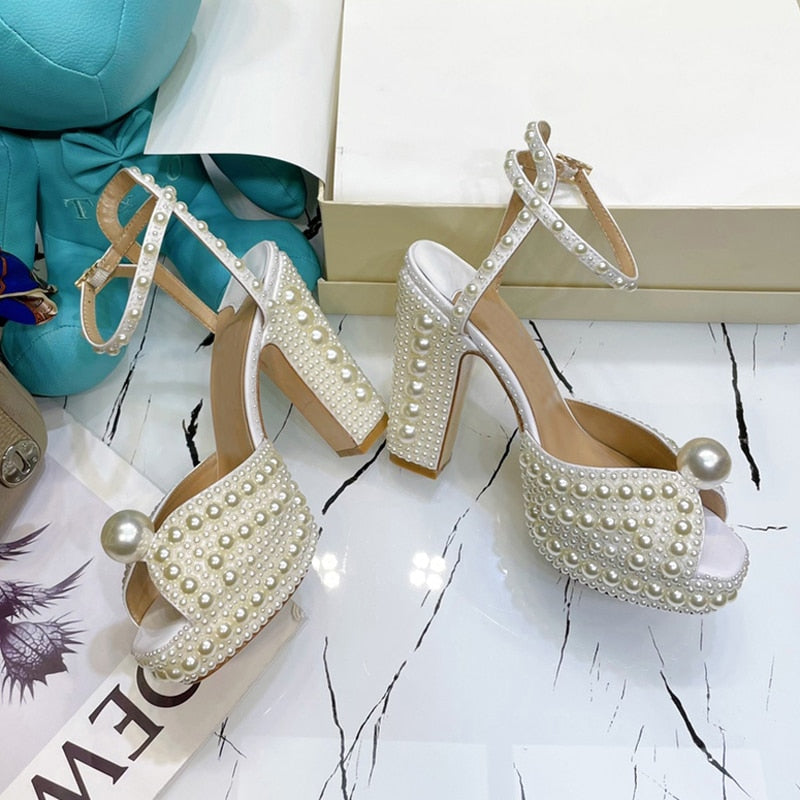 Pearl Platform Sandals Women Open Toe Rhinestone Diamond Square High Heels Shoes Woman Sexy Wedding Shoes
