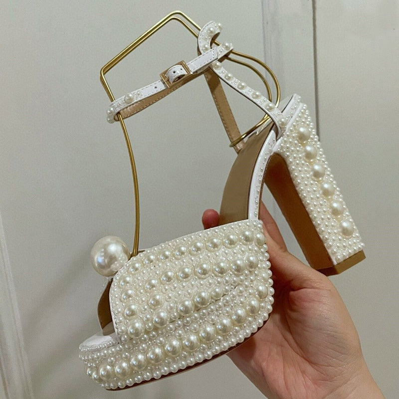 Pearl Platform Sandals Women Open Toe Rhinestone Diamond Square High Heels Shoes Woman Sexy Wedding Shoes white 12cm heel