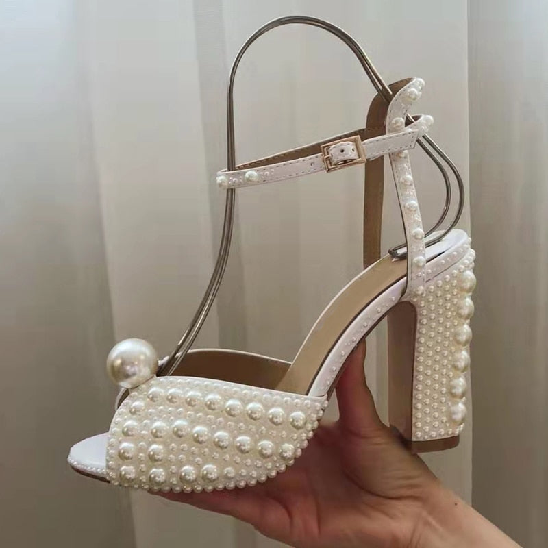 Pearl Platform Sandals Women Open Toe Rhinestone Diamond Square High Heels Shoes Woman Sexy Wedding Shoes white 10cm heel