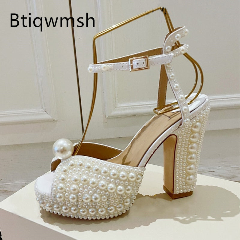 Pearl Platform Sandals Women Open Toe Rhinestone Diamond Square High Heels Shoes Woman Sexy Wedding Shoes AMAIO