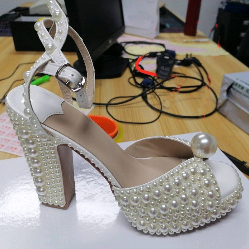 Pearl Platform Sandals Women Open Toe Rhinestone Diamond Square High Heels Shoes Woman Sexy Wedding Shoes