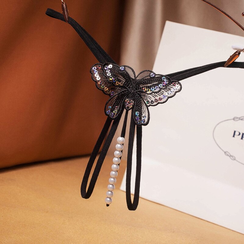 Pearl Sequins Thong Women Sexy G-string Black