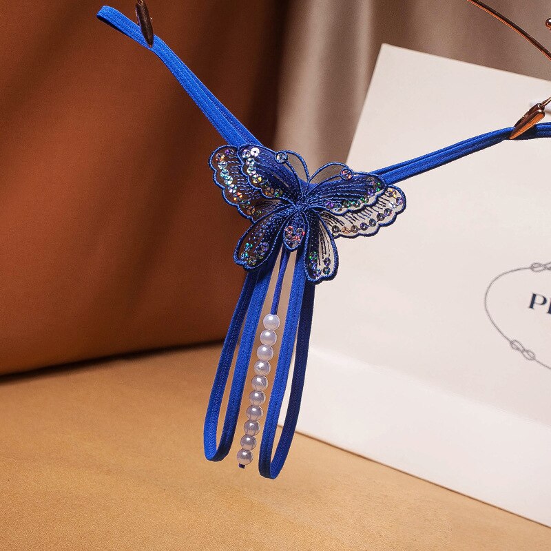 Pearl Sequins Thong Women Sexy G-string Blue