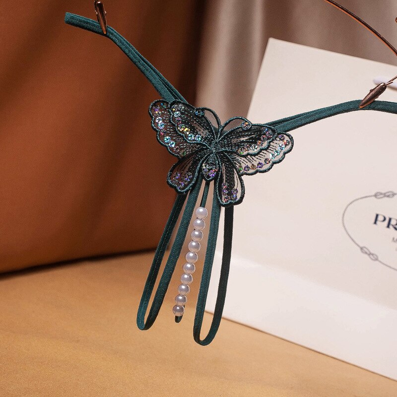 Pearl Sequins Thong Women Sexy G-string Dark green