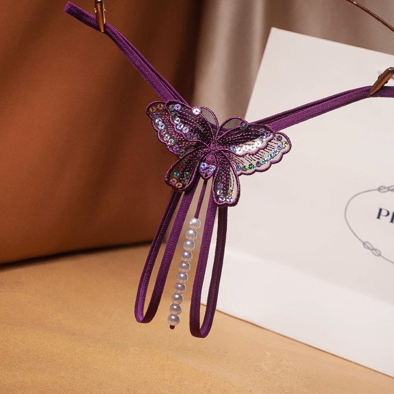 Pearl Sequins Thong Women Sexy G-string Purple