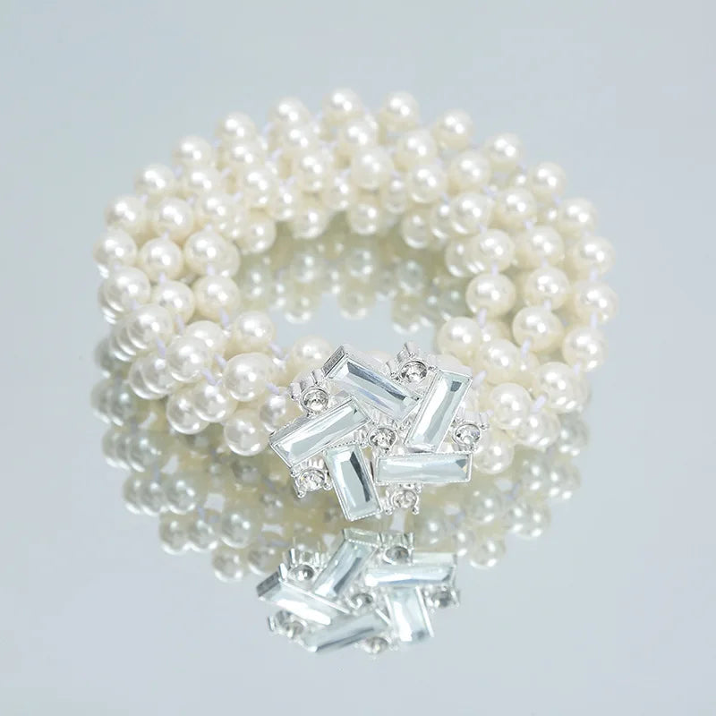 Pearl Waist Belt Gold And Silver Bow Tie Buckles Elastic Rhinestone Waistband Jewelry for Women and Girls 16 Silver Snowflake 115 cm