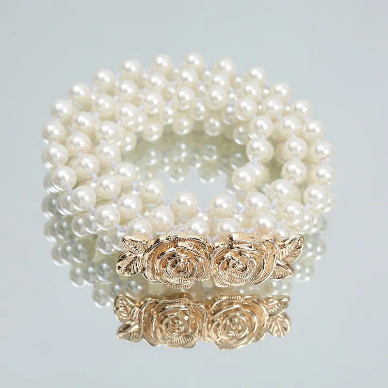 Pearl Waist Belt Gold And Silver Bow Tie Buckles Elastic Rhinestone Waistband Jewelry for Women and Girls 07 Twin Golden Rose 115 cm