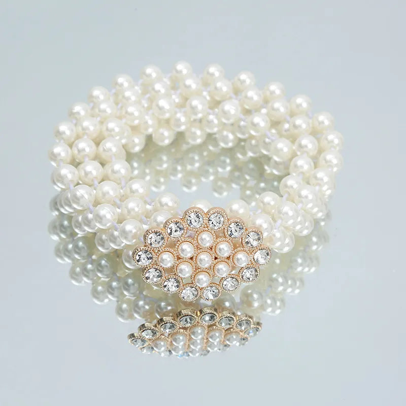 Pearl Waist Belt Gold And Silver Bow Tie Buckles Elastic Rhinestone Waistband Jewelry for Women and Girls 12 Golden Rhombus 115 cm