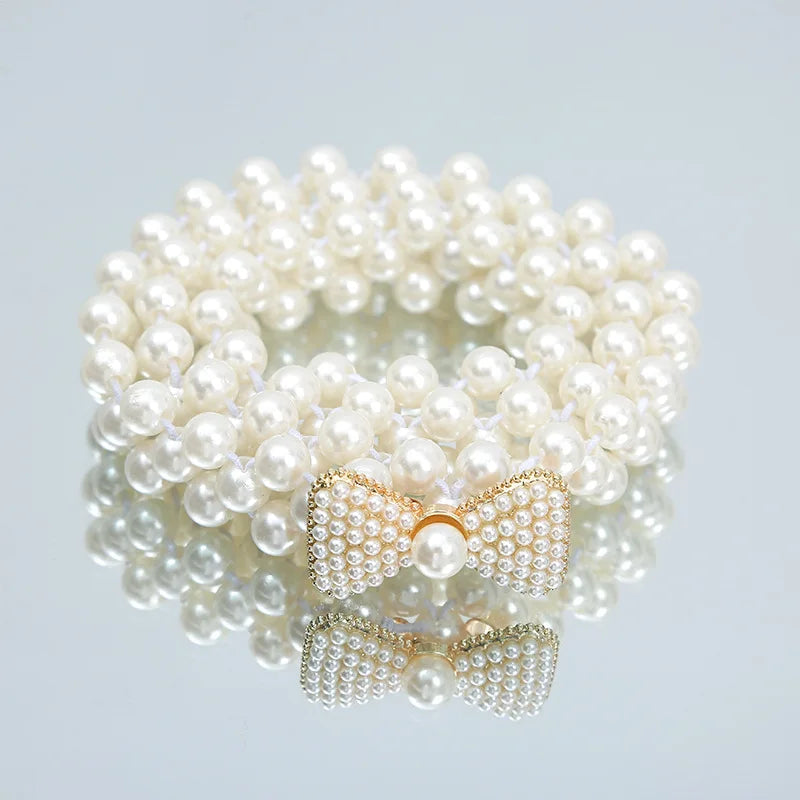 Pearl Waist Belt Gold And Silver Bow Tie Buckles Elastic Rhinestone Waistband Jewelry for Women and Girls 19 Golden Bow Tie 115 cm