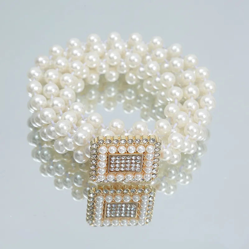 Pearl Waist Belt Gold And Silver Bow Tie Buckles Elastic Rhinestone Waistband Jewelry for Women and Girls 14 Golden Rectangle 115 cm