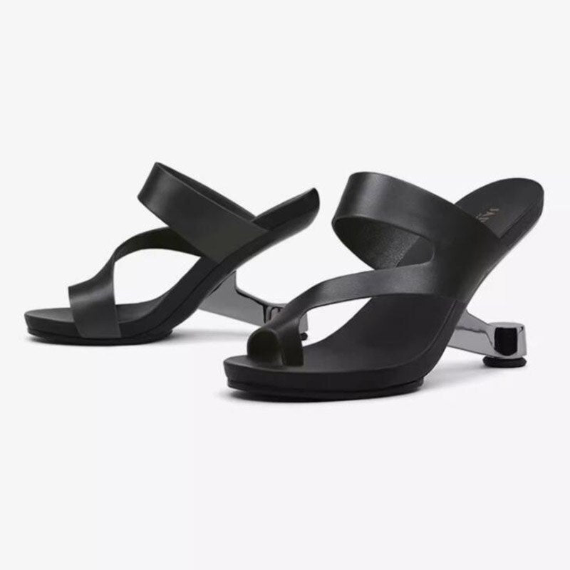 Phoentin Women Outside Slippers Strange High Heels Flip Flops Fashion Genuine Leather Prom Party Slides Elegant Sandals FT2593 black