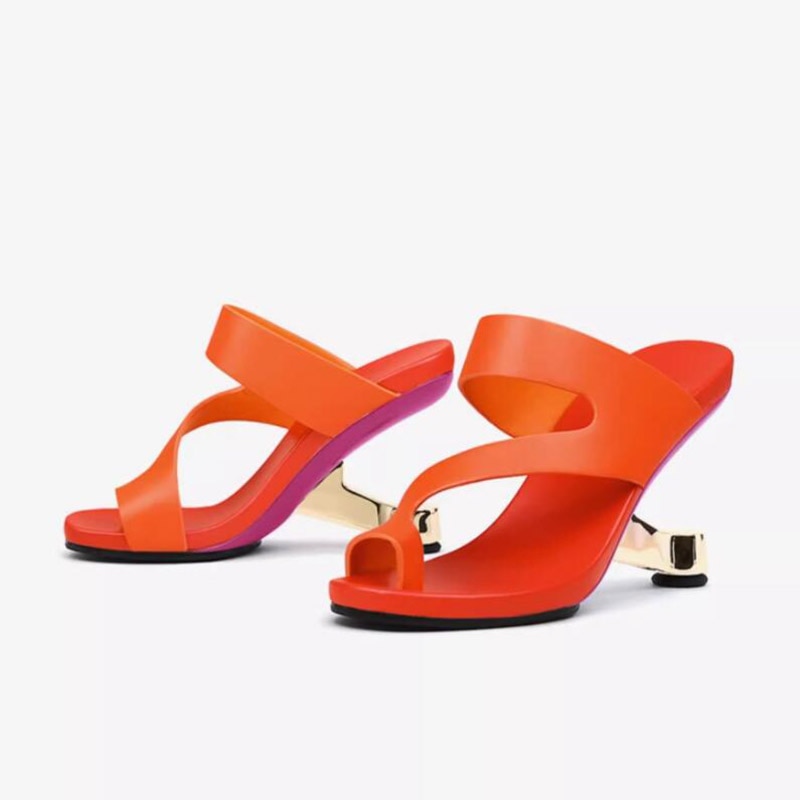 Phoentin Women Outside Slippers Strange High Heels Flip Flops Fashion Genuine Leather Prom Party Slides Elegant Sandals FT2593 orange