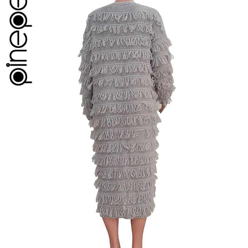 PinePear 2024 Fall Winter Women Crochet Knit Cardigans Fashion Casual Tassels Sweater Maxi Coats Ladies Open Stitch Long Trench