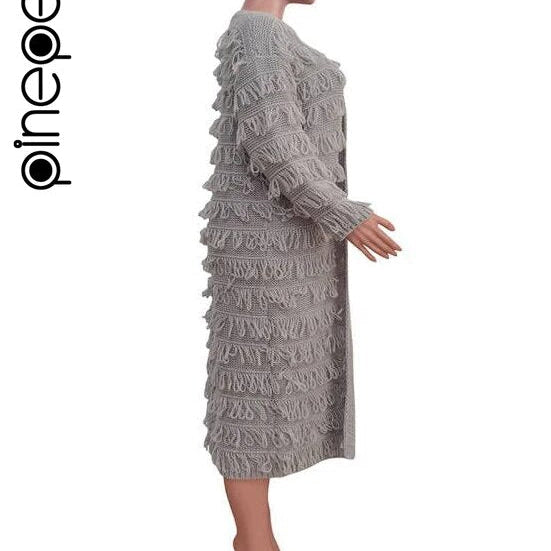 PinePear 2024 Fall Winter Women Crochet Knit Cardigans Fashion Casual Tassels Sweater Maxi Coats Ladies Open Stitch Long Trench