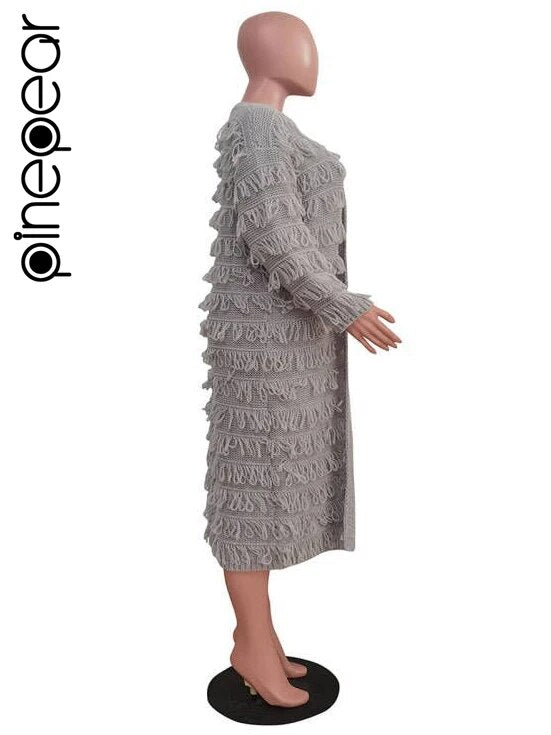 PinePear 2024 Fall Winter Women Crochet Knit Cardigans Fashion Casual Tassels Sweater Maxi Coats Ladies Open Stitch Long Trench