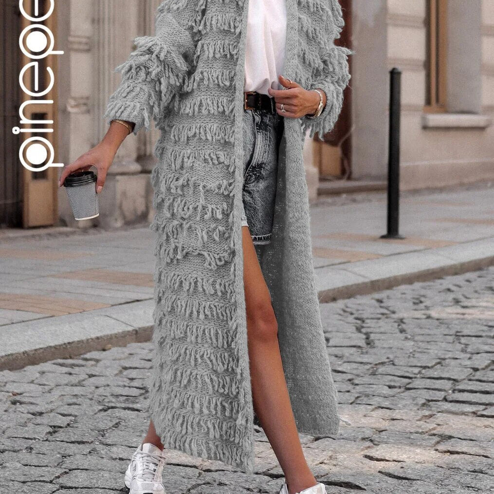 PinePear 2024 Fall Winter Women Crochet Knit Cardigans Fashion Casual Tassels Sweater Maxi Coats Ladies Open Stitch Long Trench
