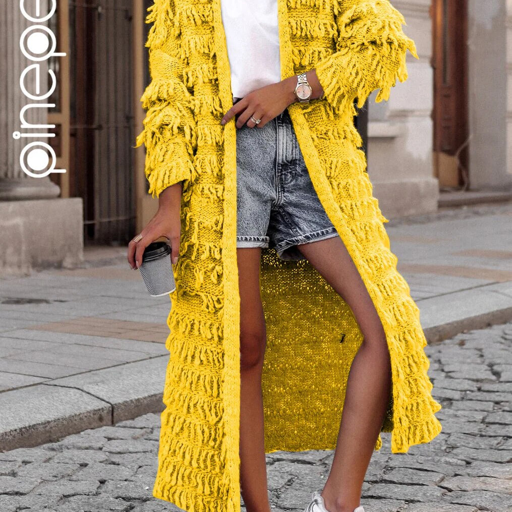 PinePear 2024 Fall Winter Women Crochet Knit Cardigans Fashion Casual Tassels Sweater Maxi Coats Ladies Open Stitch Long Trench Yellow