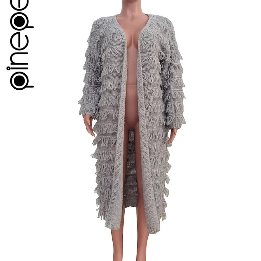 PinePear 2024 Fall Winter Women Crochet Knit Cardigans Fashion Casual Tassels Sweater Maxi Coats Ladies Open Stitch Long Trench