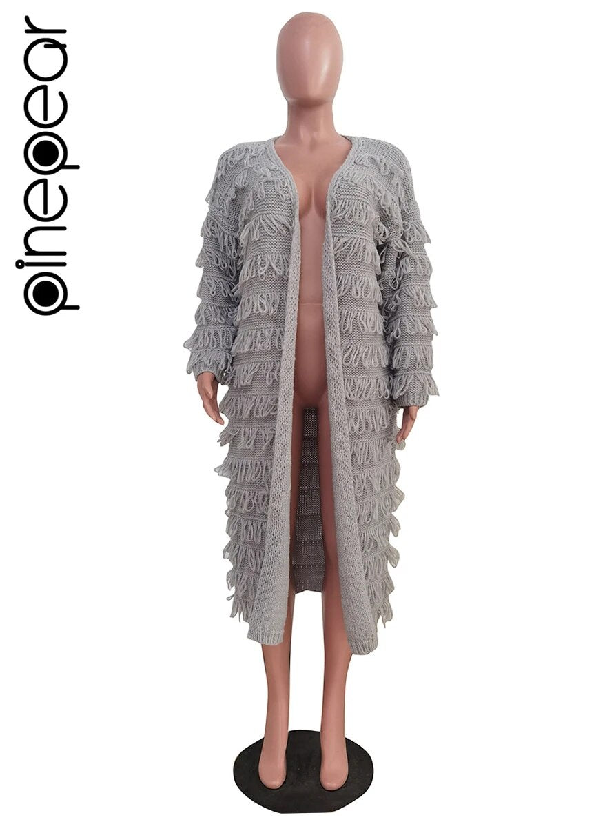 PinePear 2024 Fall Winter Women Crochet Knit Cardigans Fashion Casual Tassels Sweater Maxi Coats Ladies Open Stitch Long Trench