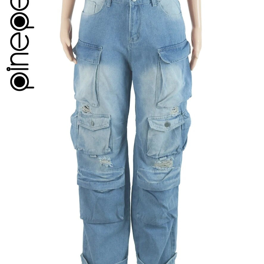 PinePear 2024 High Fashion Y2K Wide Leg Jeans Women Pockets Denim Trousers Female Vintage Loose Straight Long Pants Streetwear