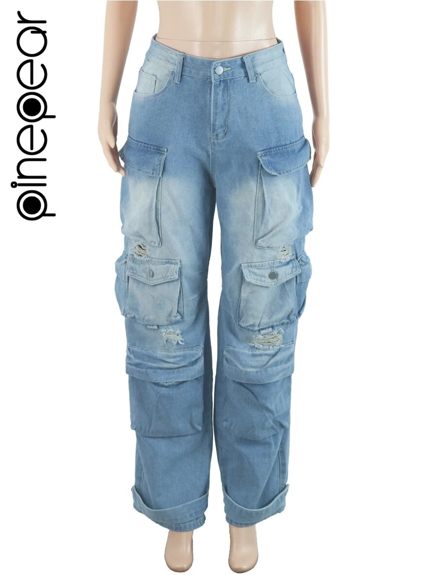 PinePear 2024 High Fashion Y2K Wide Leg Jeans Women Pockets Denim Trousers Female Vintage Loose Straight Long Pants Streetwear