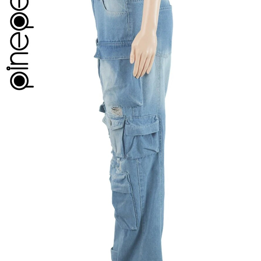 PinePear 2024 High Fashion Y2K Wide Leg Jeans Women Pockets Denim Trousers Female Vintage Loose Straight Long Pants Streetwear