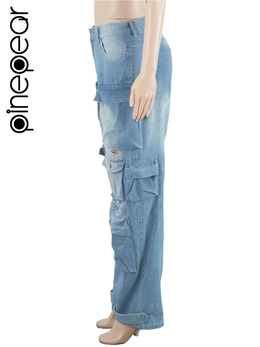PinePear 2024 High Fashion Y2K Wide Leg Jeans Women Pockets Denim Trousers Female Vintage Loose Straight Long Pants Streetwear