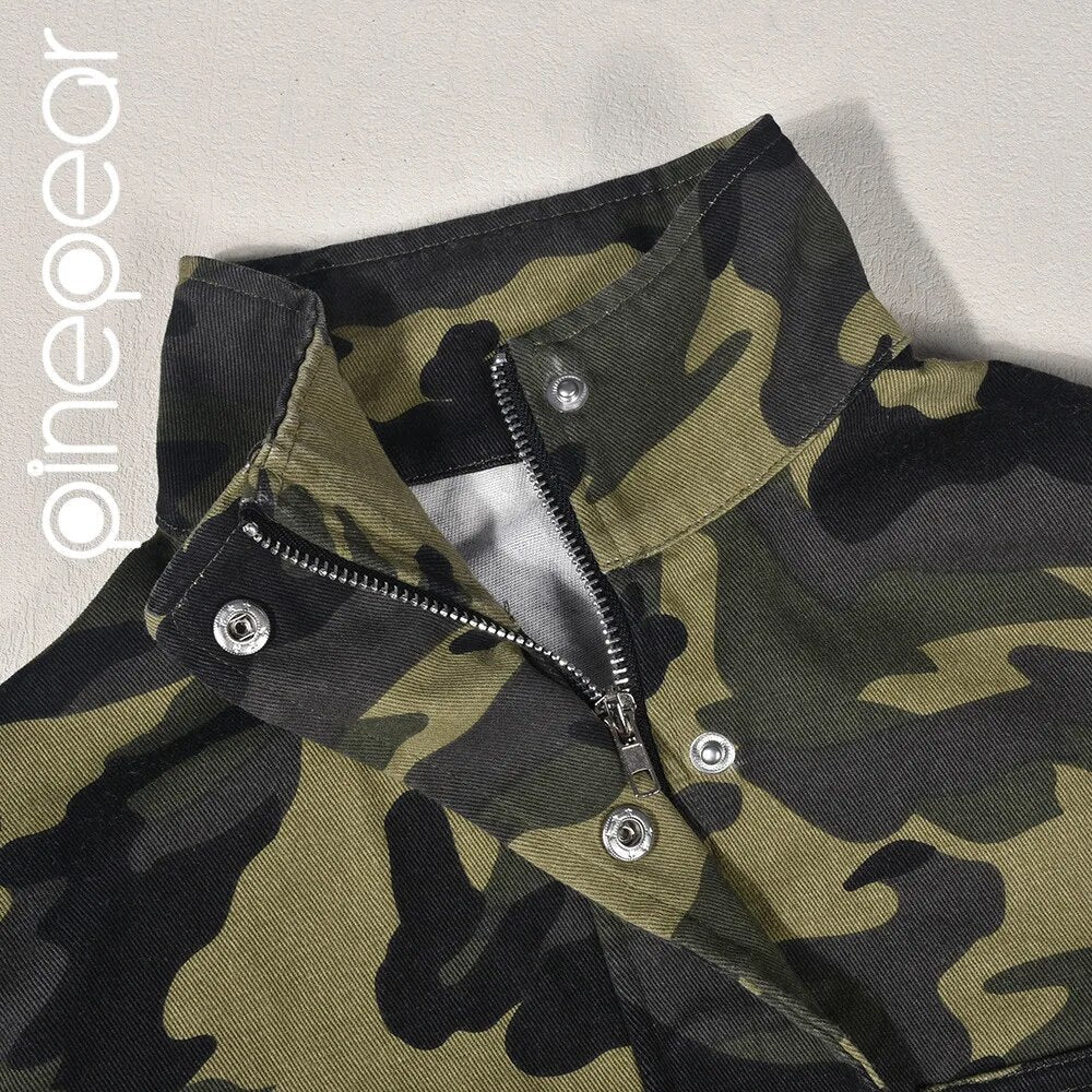 PinePear Camouflage Denim Big Pocket Short Jacket Women 2024 Fall INS Trend Camo Turtleneck Long Sleeve Cropped Coat Streetwear